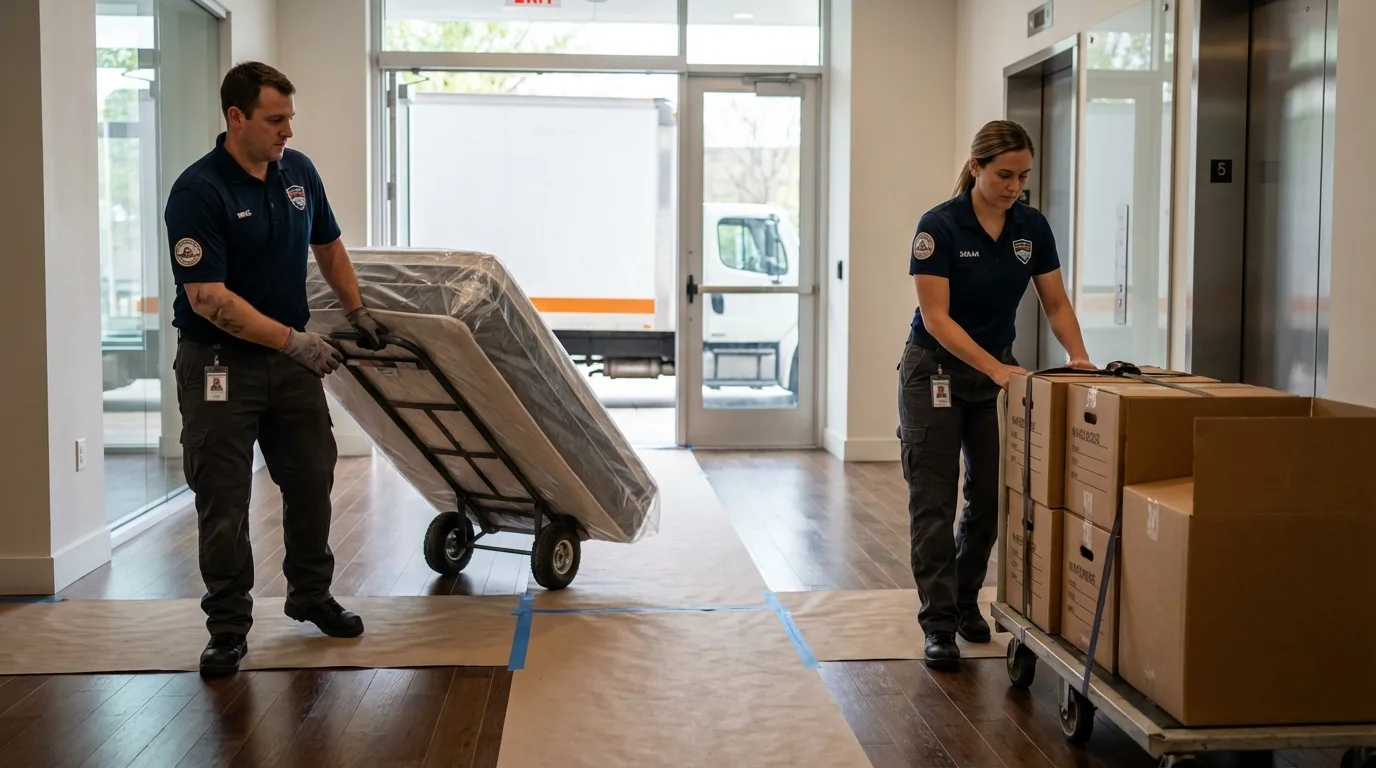Professional apartment movers loading elevator in Newark, NJ